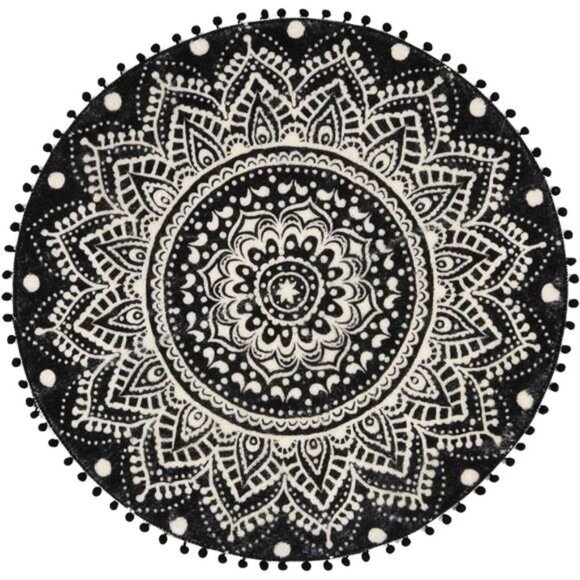 Uphome Boho Round Rug for Living Room 4' Circular Black Mandala Area Rug - Picture 4 of 7